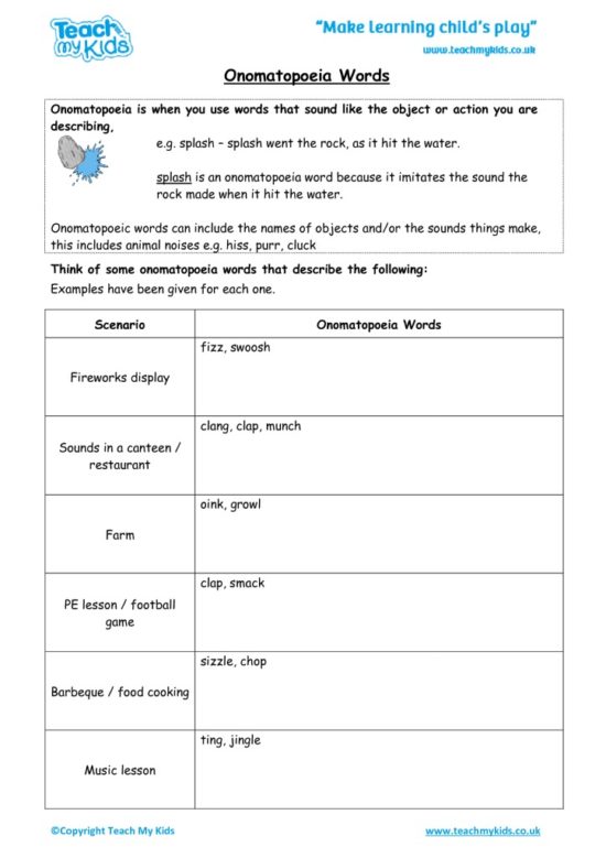 Worksheets for kids - onomatopeia-words